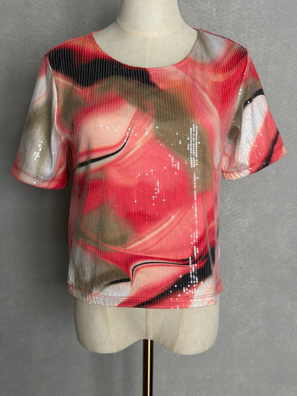 DKNY Sequin Top Short Sleeve Round Neck in Brushed Marble Women's Small NEW